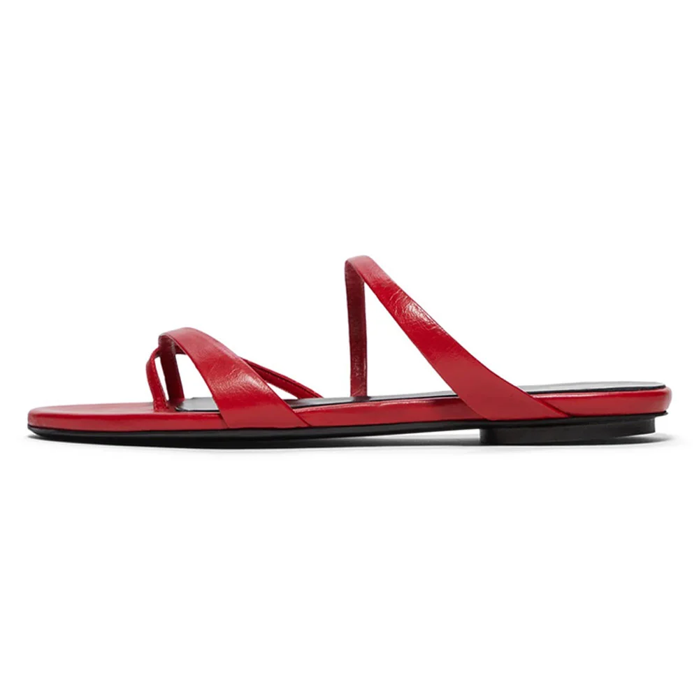 Red Slip On Strappy Flip Flop Flats Open Toe Women's Mules Shoes