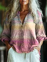 Women's Retro Cancer Awareness Ribbon Art Gradient Style Casual Linen Shirt