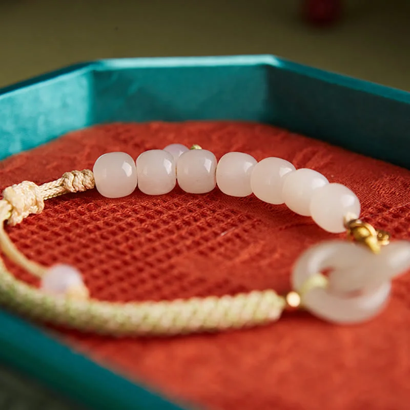 Natural Hetian Jade Bead Double Peace Buckle Fu Character Abundance Braided Bracelet