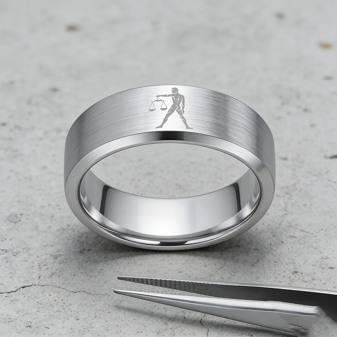 Sliver Libra Tungsten Carbide Rings Beveled Edges Sliver Laser Etched Couple Wedding Bands 4MM 6MM 8MM Width