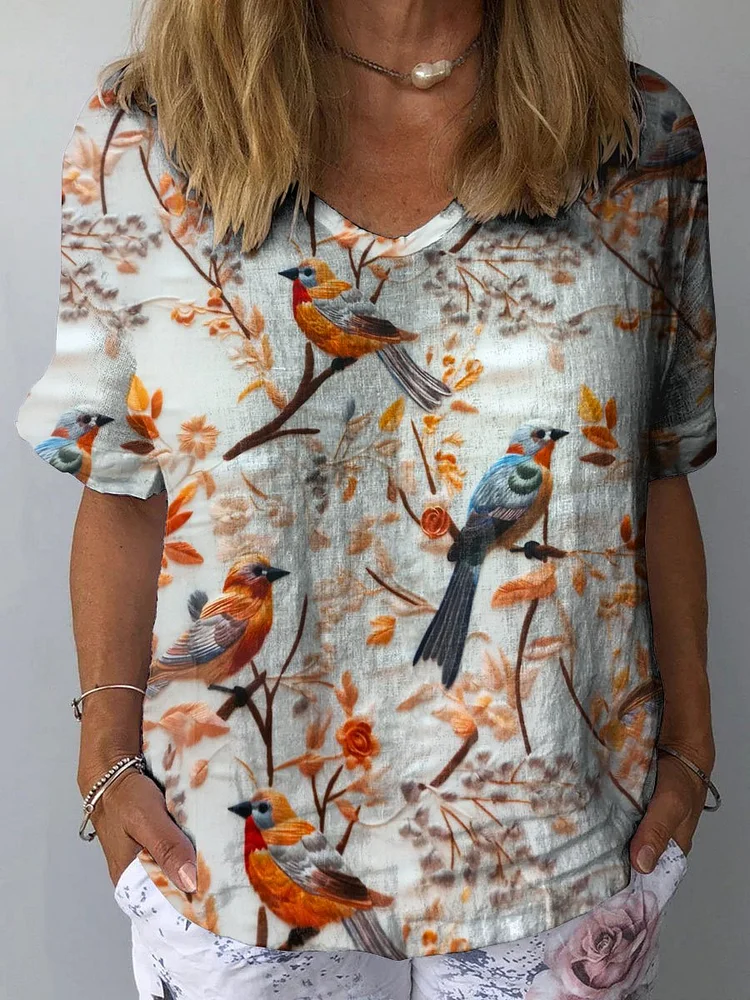 Women's Vintage Lovely Floral Birds Art Print Casual Cotton And Linen Shirt