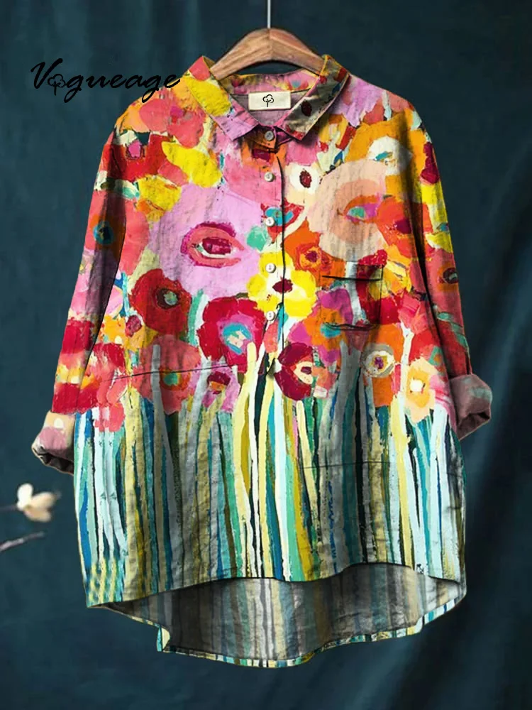 Bright Generous And Dignified Flowers Printed Cotton And Linen Shirt