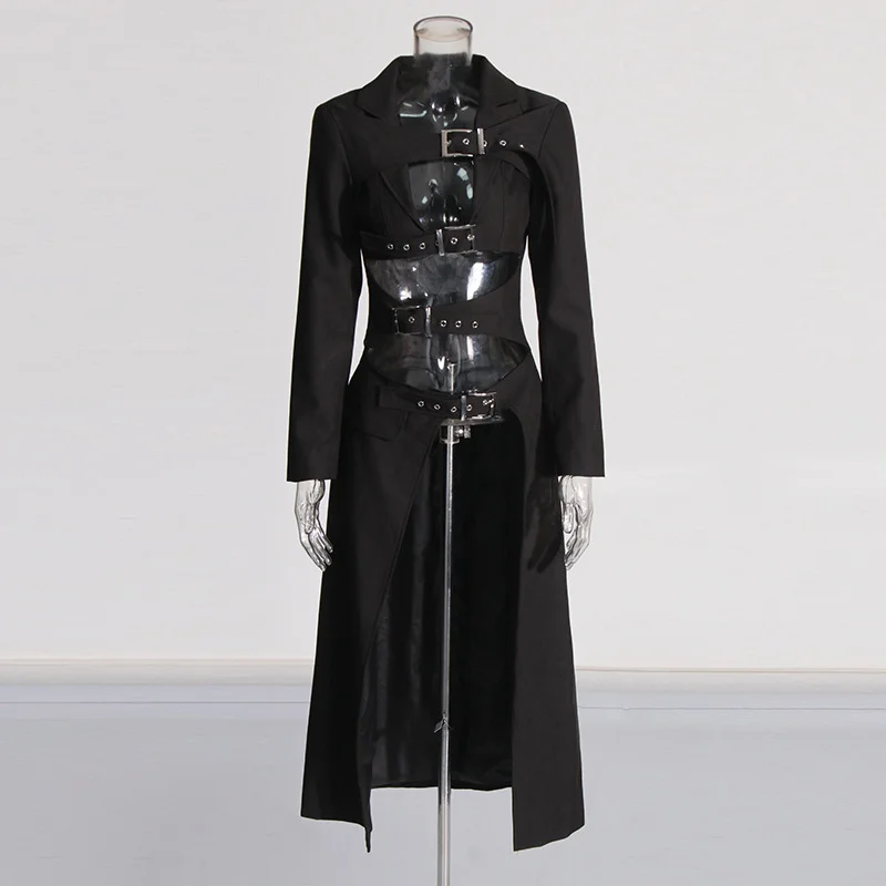 Zingj Fashion Personality Trench Coat Women 2025 Spring New Trend Hollow Bare Waist Metal Buckle Design Long Coat