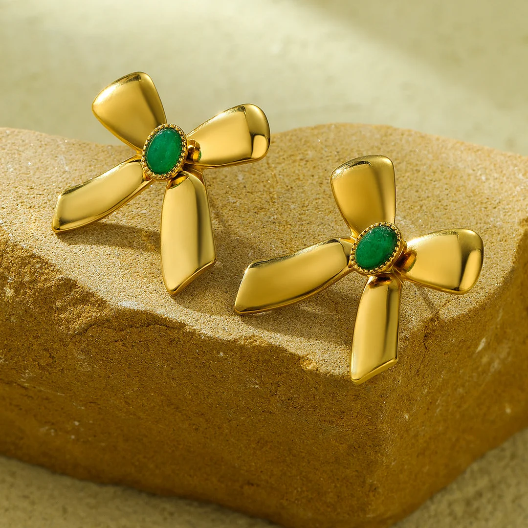 Titanium Steel Bow Set Natural Stone Stud Earrings