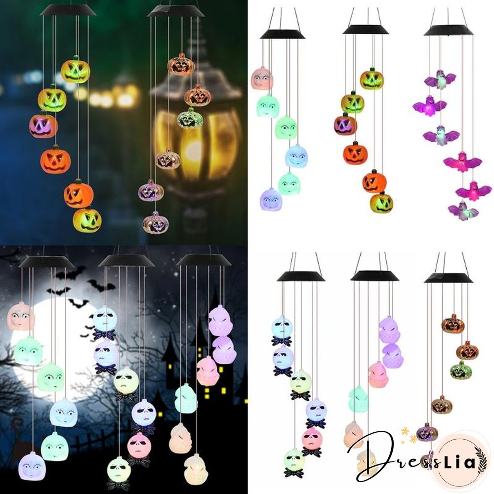 Halloween Solar Skeleton Skull Wind Chimes Light LED Color Changing
