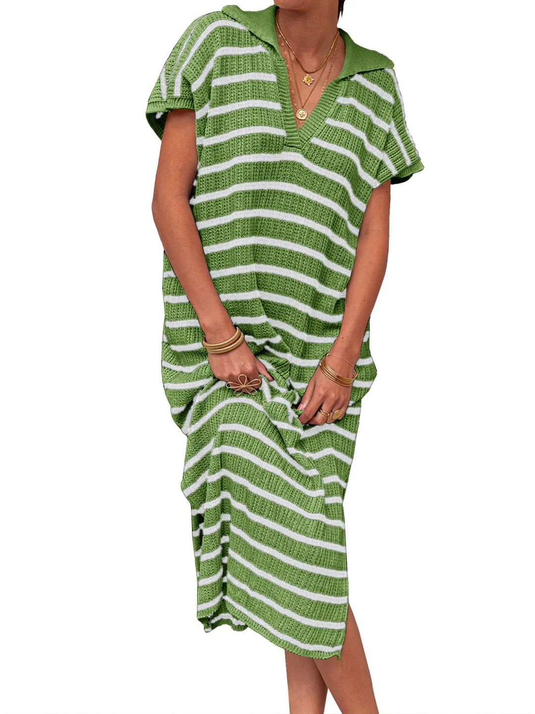 Style & Comfort for Mature Women Women's Short Sleeve V-neck Striped Printed Midi Dress