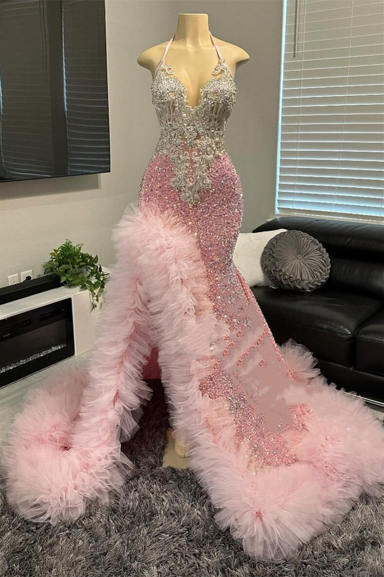 Luluslly Pink Halter Sleeveless Mermaid Prom Dresses Split Sequins With Beadings Tulle