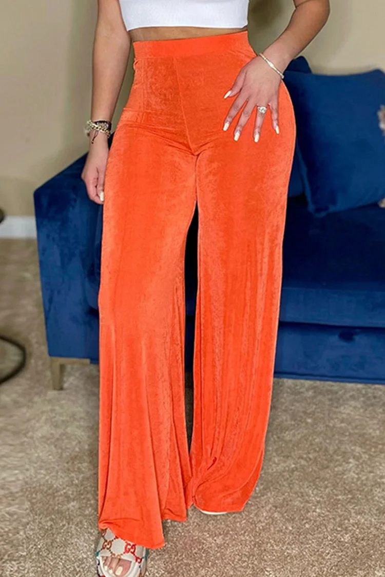 Tangerine Red Casual Solid Split Joint High Waist Straight Solid Color Bottoms