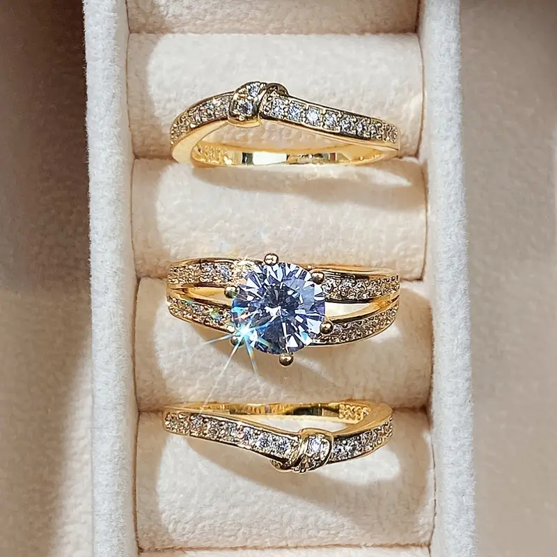 plated round zircon set ring fashion luxury engagement wedding jewelry for women ring set 3pcs details 1