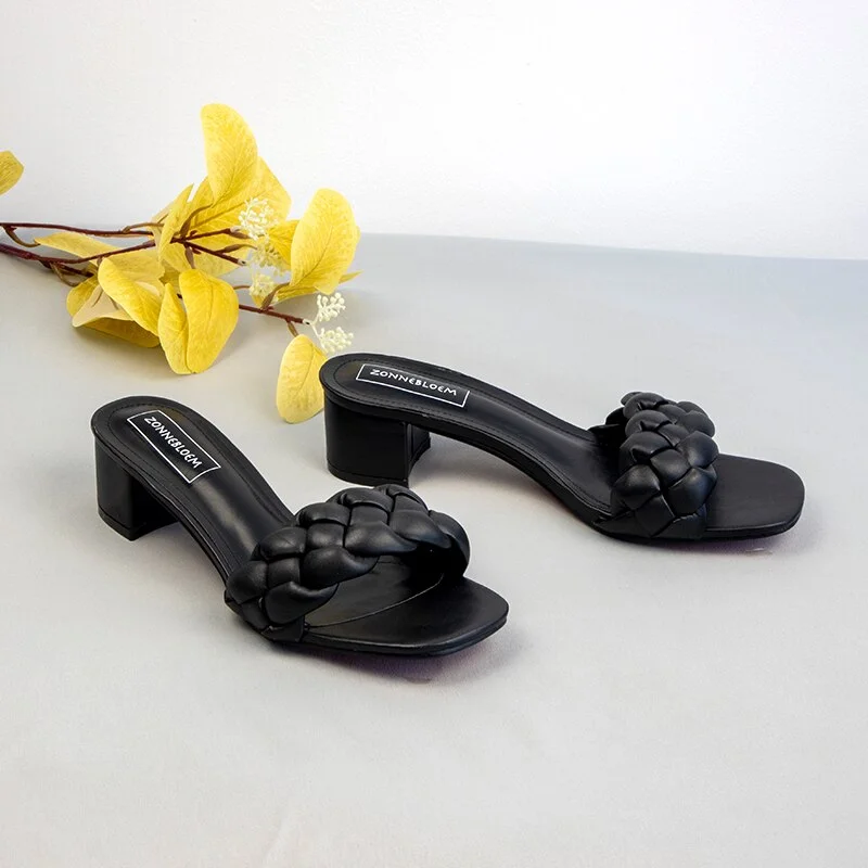 Qengg Heel Heels Women Outside Slippers 2022 Summer Square Heel 5cm Woman Sandals Solid Leather Weave Fashion Designer Slides