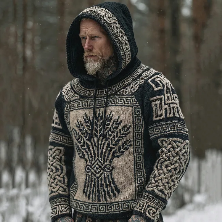 Men's Vintage Greek Key With Wheat Sheaf Art Pattern Casual  Cozy Knit Hooded Sweater