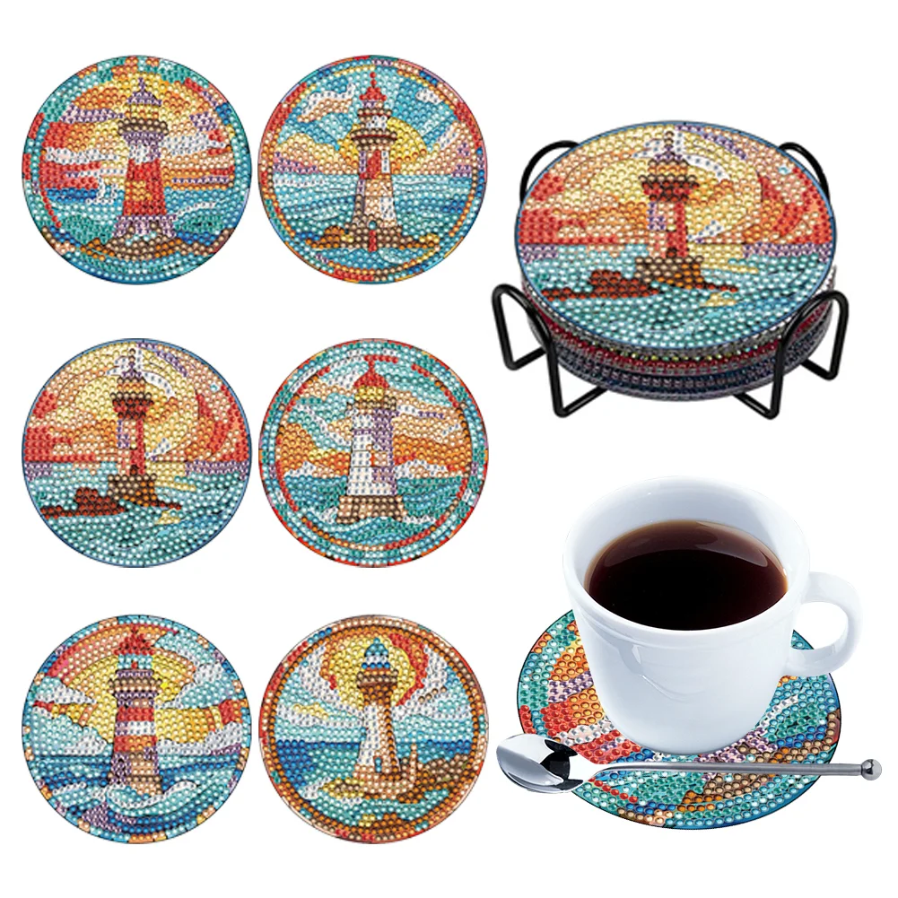 8PCS Special Shape Diamond Painting Coasters Kits (Lighthouse Stained Glass)