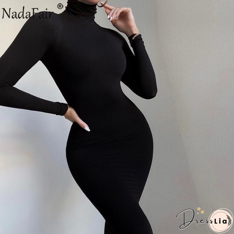 Christmas Gift Nadafair Sexy Women Dress Long Sleeve Turtleneck Autumn Winter Solid Casual Basic Black White Bodycon Slim Maxi Dress For Women