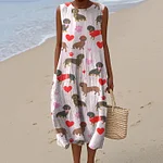 Vintage Cute Dachshund Art Print Linen Sleeveless Dress - Image 2