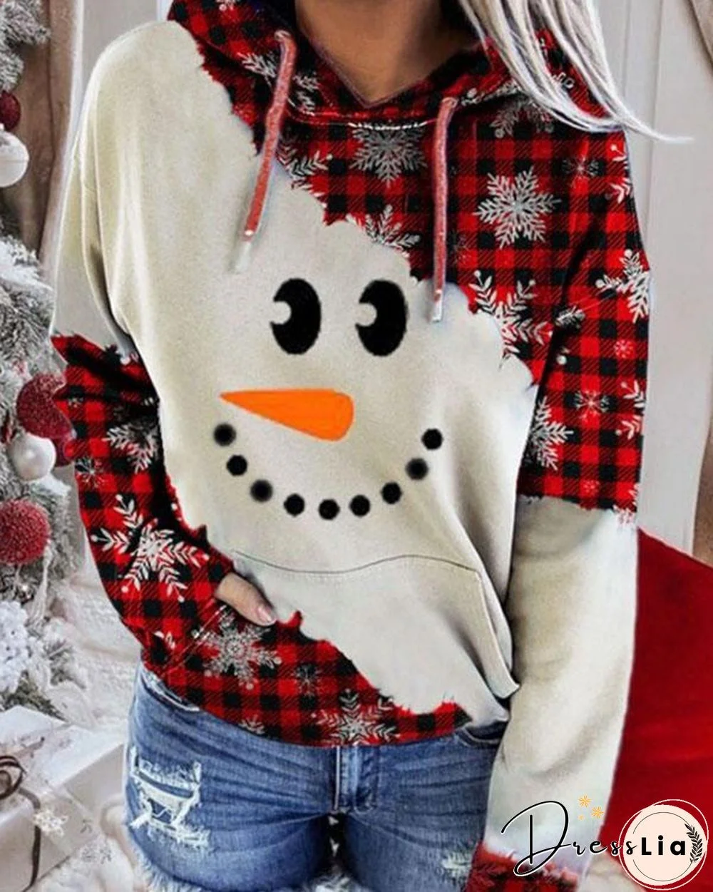 Christmas Color Block Snowman Face Print Hoodie