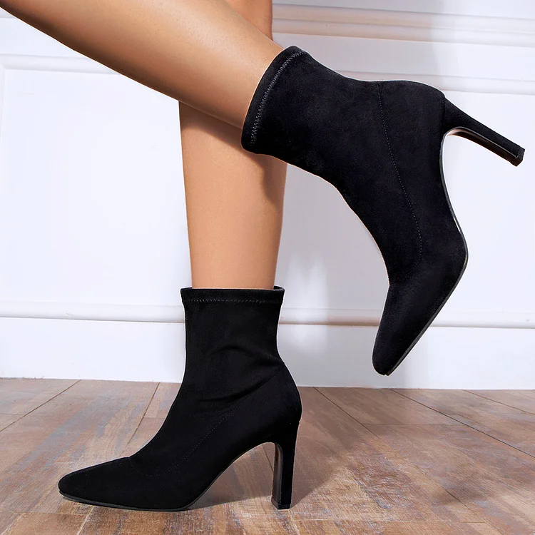 Stretch Chunky Heel Sock Booties Ponited Toe Ankle Boots