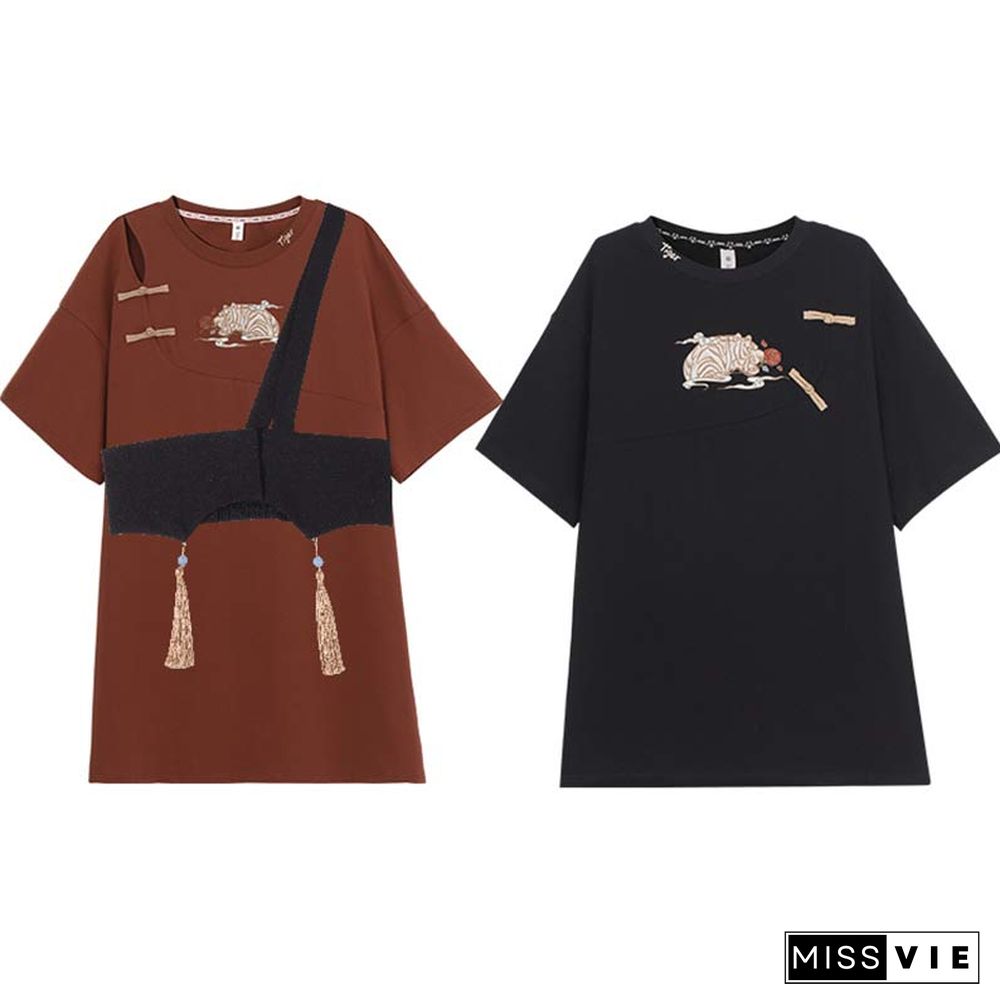 Vintage Embroidery Buckle Tasesel Vest Loose T-Shirt Dress