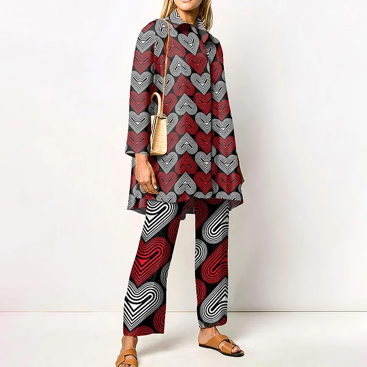 Fashion Heart Print Long Sleeve Shirt Two Piece Set