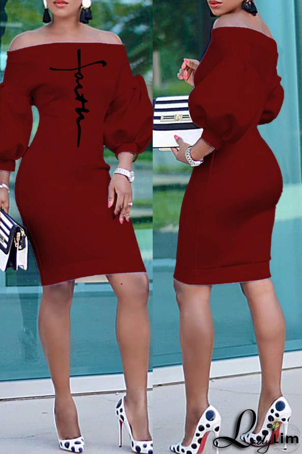 Red Fashion Casual Print Backless Off the Shoulder Dresses