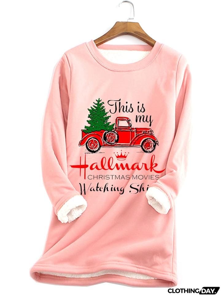 Warm Thick Faux Fleece Lining Christmas Car Print Sweatshirt