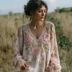 Bohemian Style Pink Floral Design V-neck Long-sleeve Top - Image 2