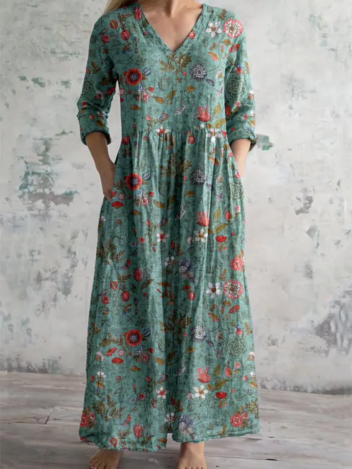 WomenS V-Neck Artistic Colorful Artistic Small Floral Pattern Cotton And Linen Dress