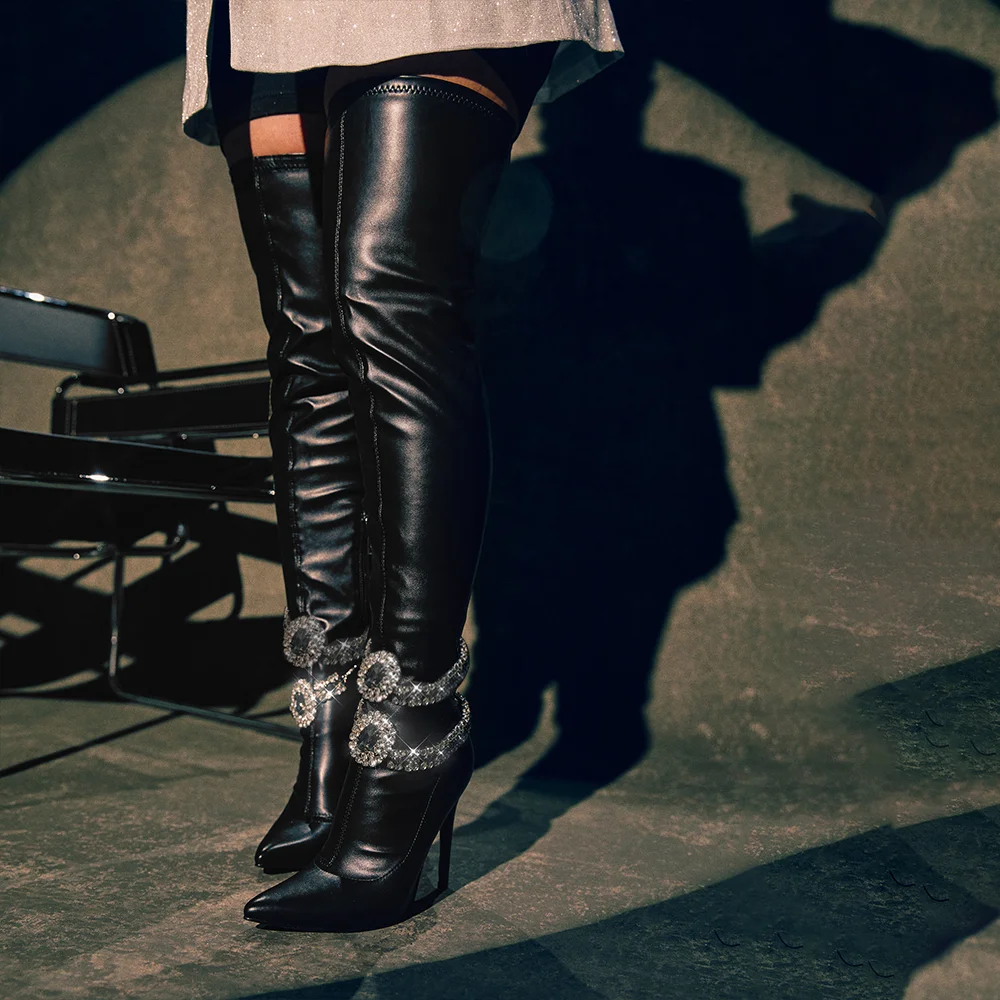 Black Leather Pointed Toe Boots With Rhinestone Flower Thigh High Boots Nicepairs