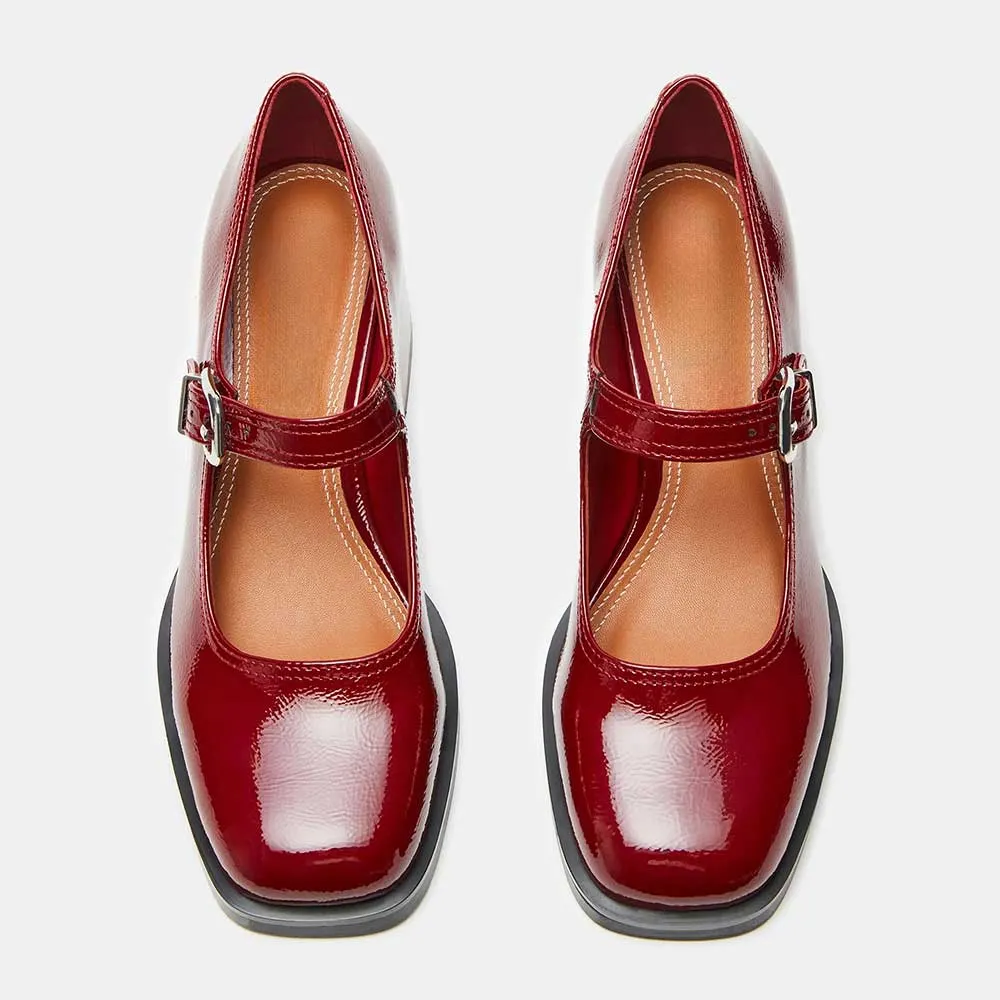 Vegan Leather Square Toe Mid Block Heel Mary Jane Red Pumps