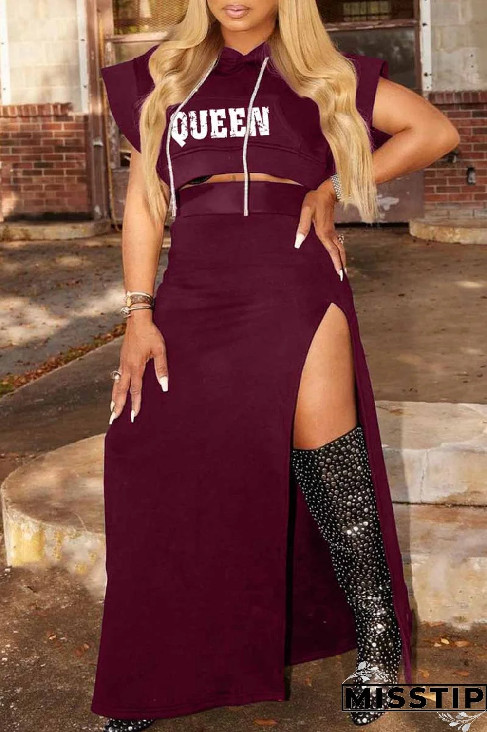 Black Fashion Casual Letter Print Slit Hooded Collar Two Pieces