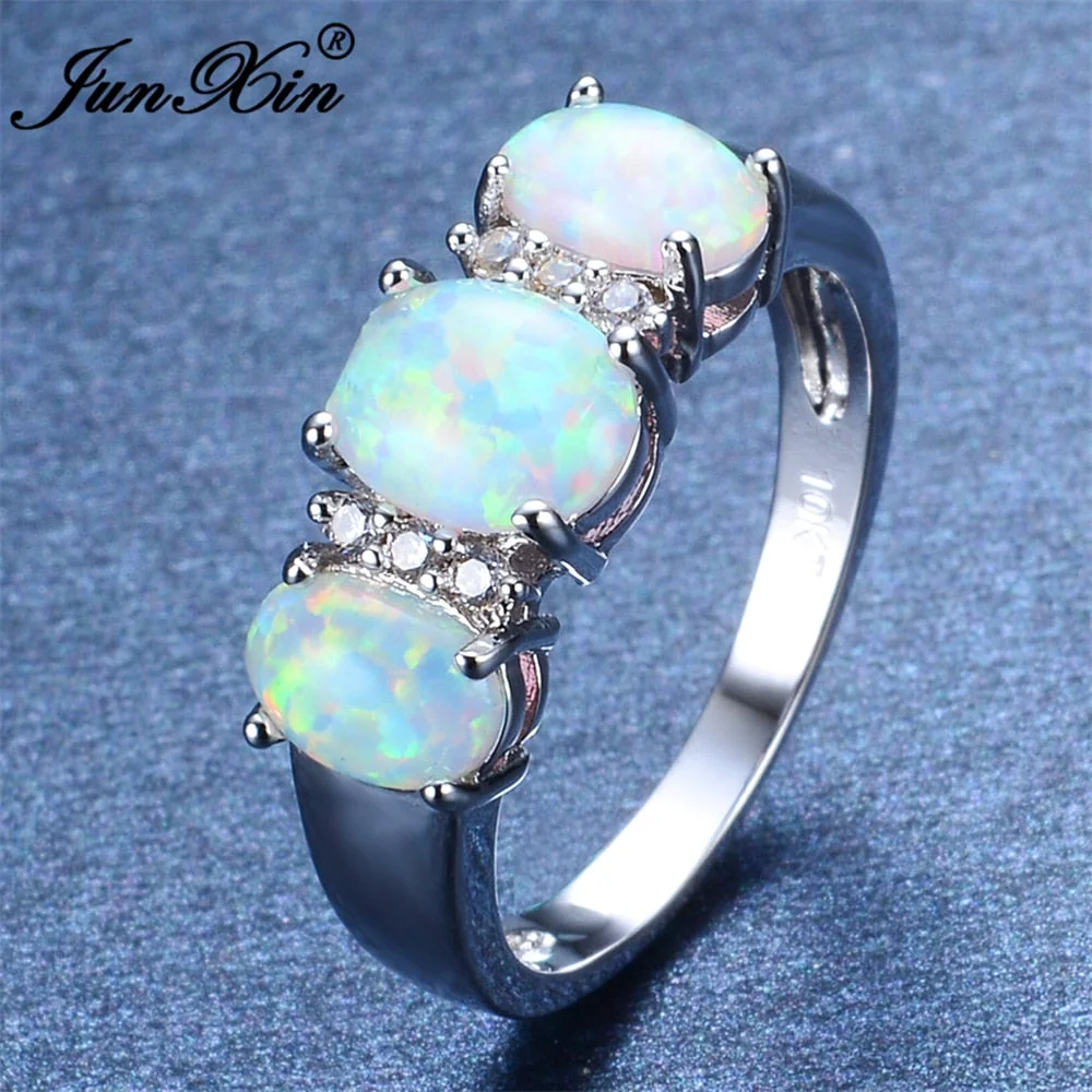 JUNXIN Mystery Women White Oval Fire Opal Ring Fashion Gold Filled Jewelry Vintage Wedding Rings For Women Birth Stone Gifts