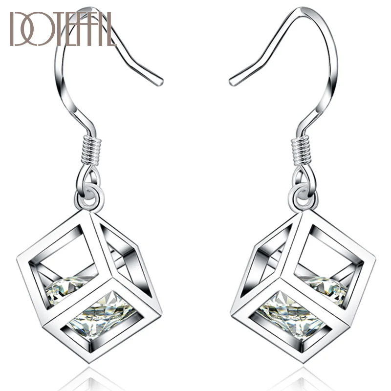DOTEFFIL 925 Sterling Silver Square Cubic Zircon Earring For Women Jewelry