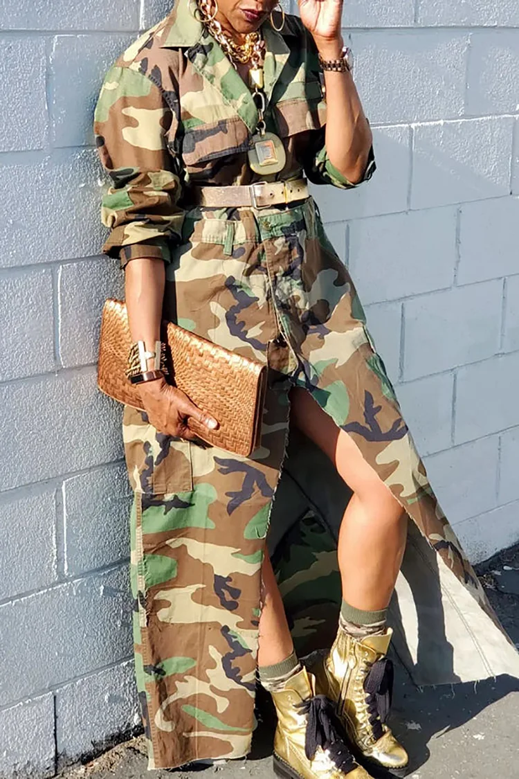 Xpluswear Plus Size Casual Army Green Camouflage Print High Slit Maxi Dress (Without Belt) 