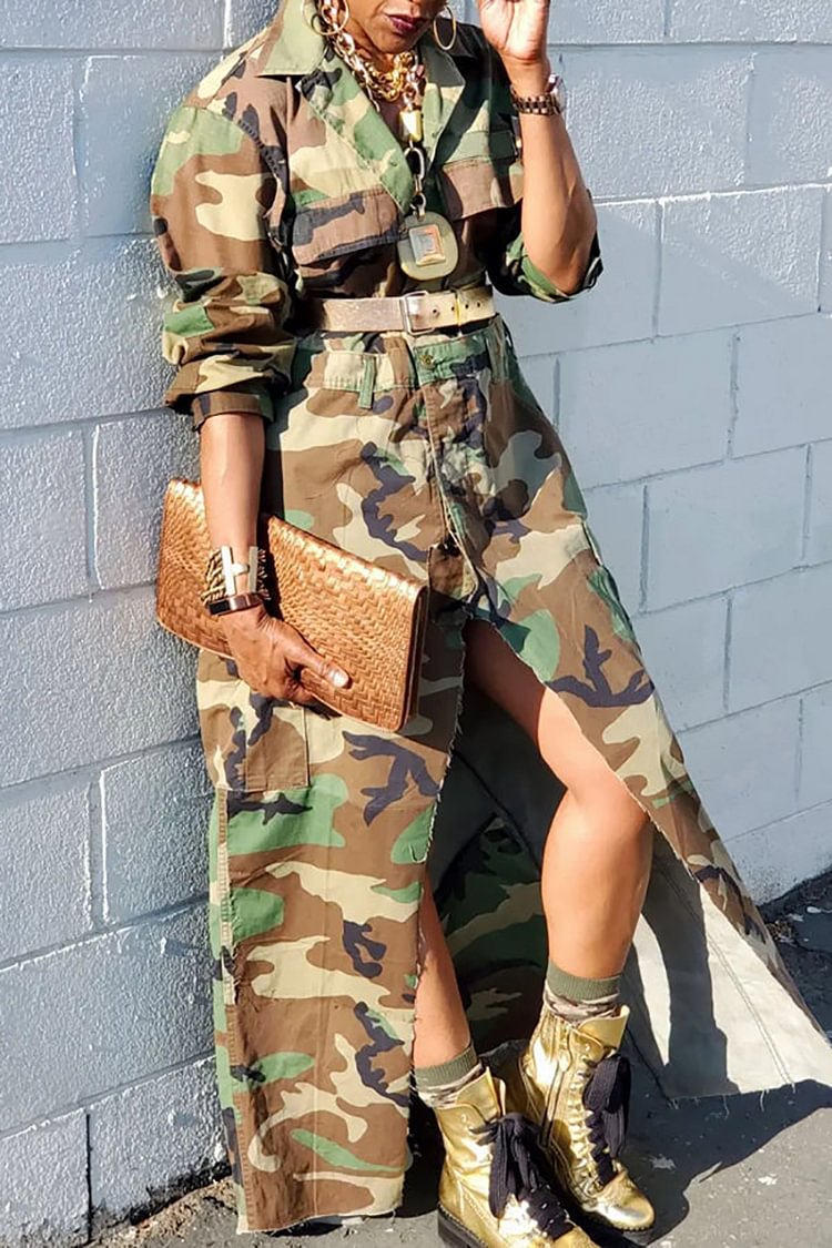 Xpluswear Plus Size Casual Army Green Camouflage Print High Slit Maxi Dress (Without Belt) [Pre-Order]