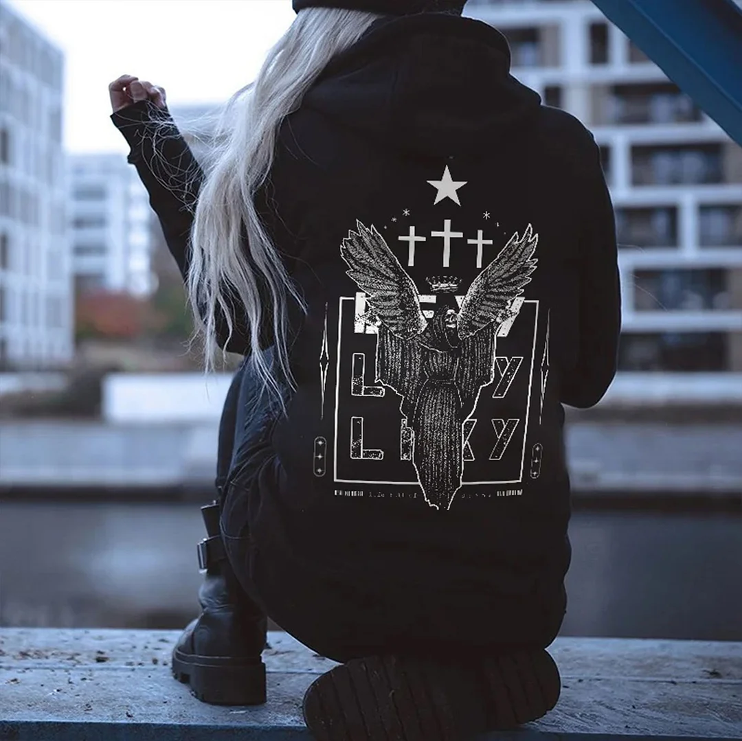 King Skull with Wings Sovereign Star Graphic  Black Print Hoodie