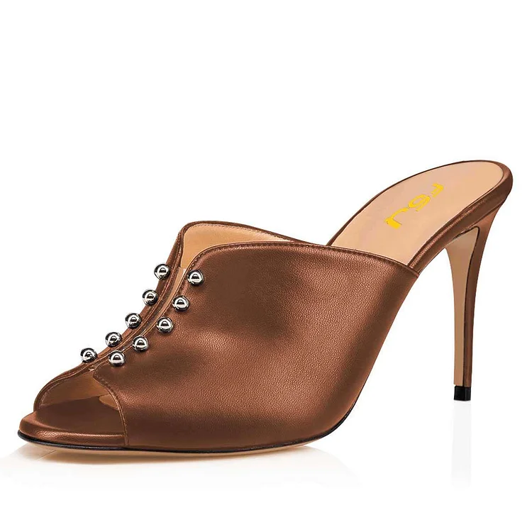 Brown Studs Peep Toe Mule Heels |FSJ Shoes