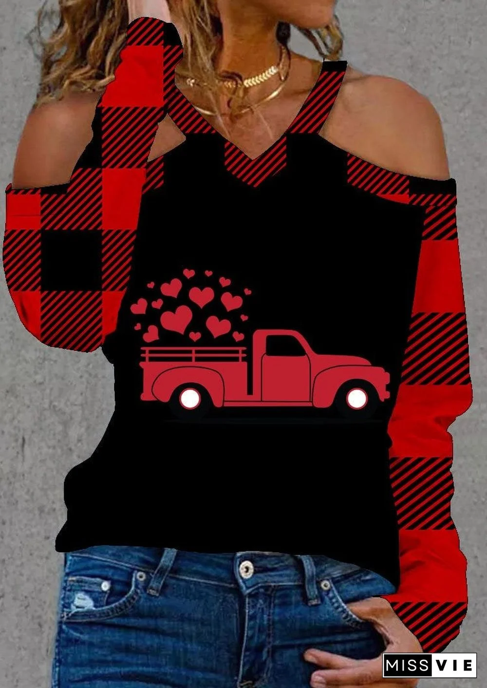 Red Chenked And Heart Printed Shirt