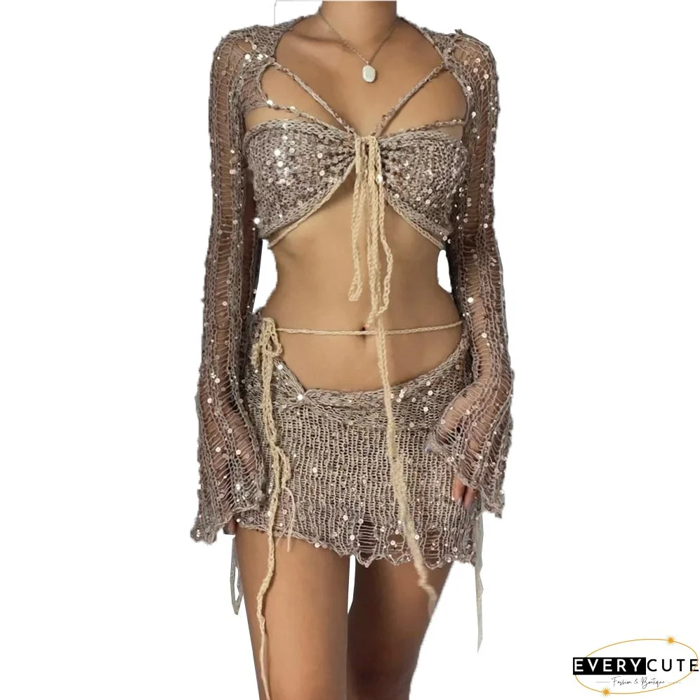 Women's Sequined Knitting Long Sleeve Three-Piece Skirt Set