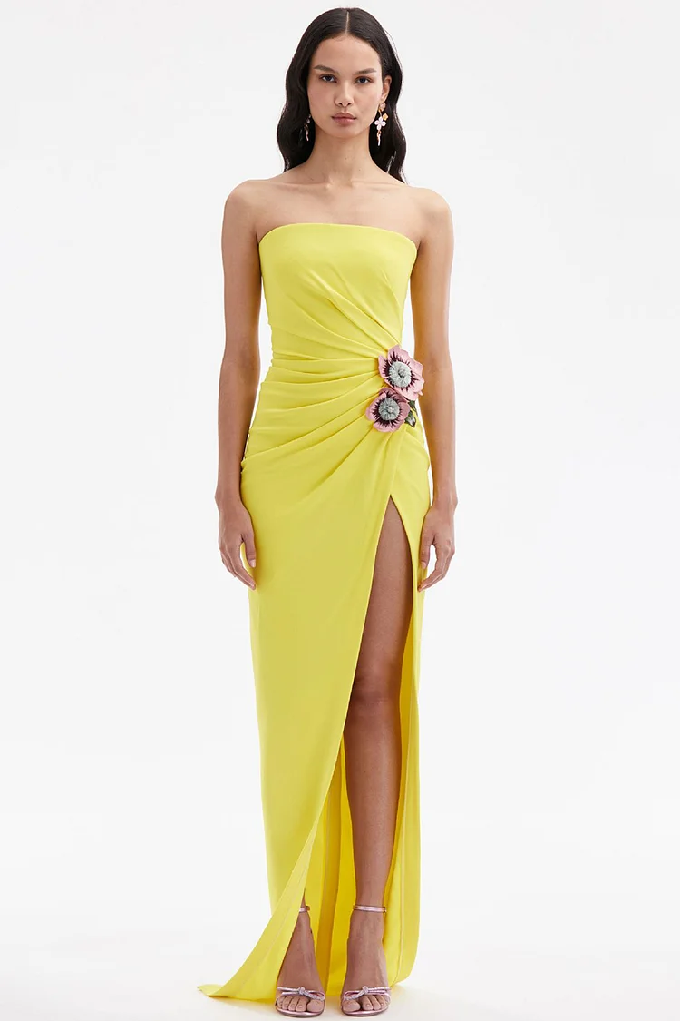 Formal Yellow Strapless Slit 3D Floral Sheath Maxi Dress