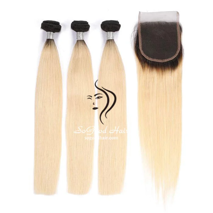 Ombre Blonde 3 Bundles Straight With 4x4 Lace Closure 12A+ Virgin Human Hair