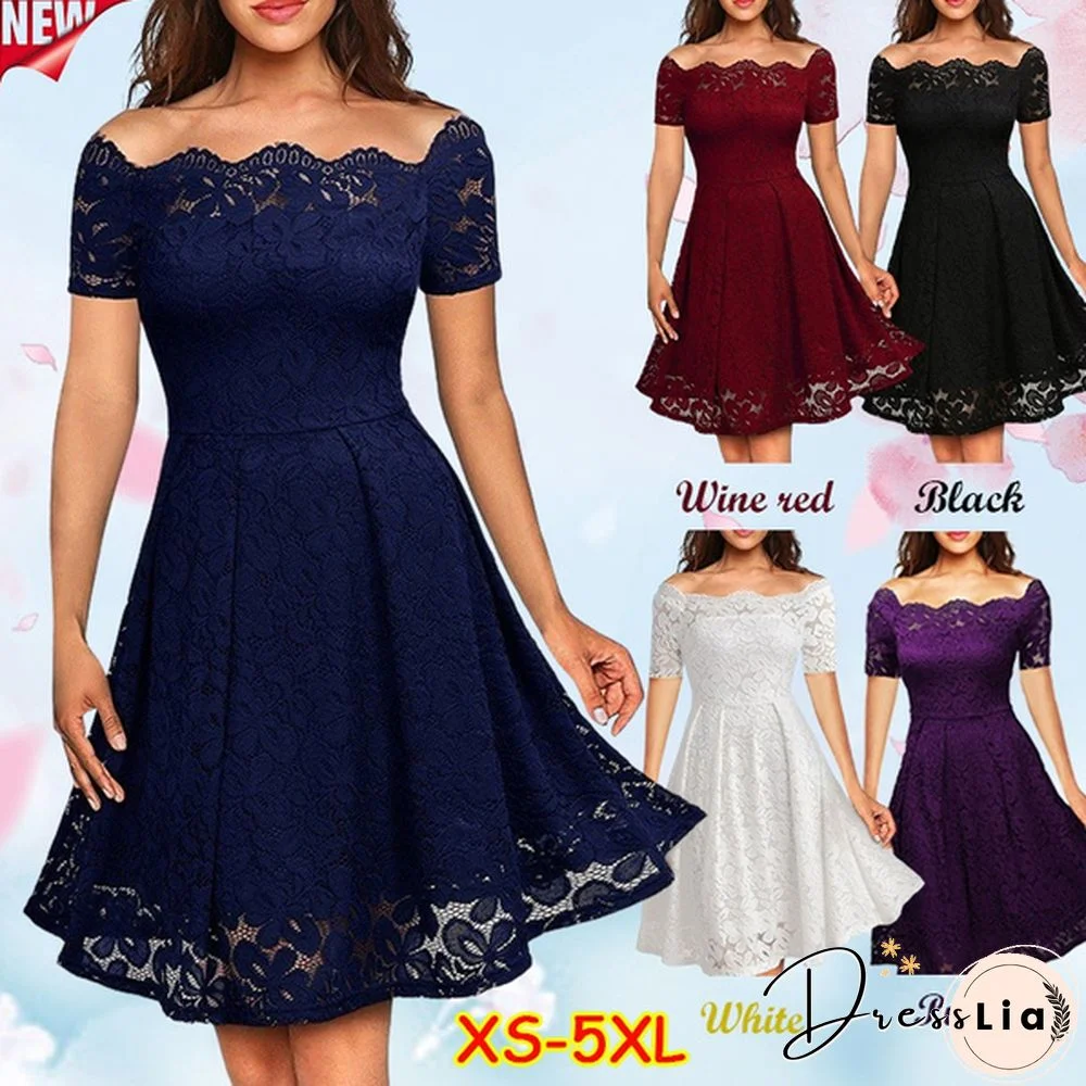 New Fashion Women Off Shoulder Slim Fit Lace Dress Elegant Strapless Short Sleeve Cutout Party Dresses Solid Color Back Swing Mini Dresses Evening Gowns Prom Dress