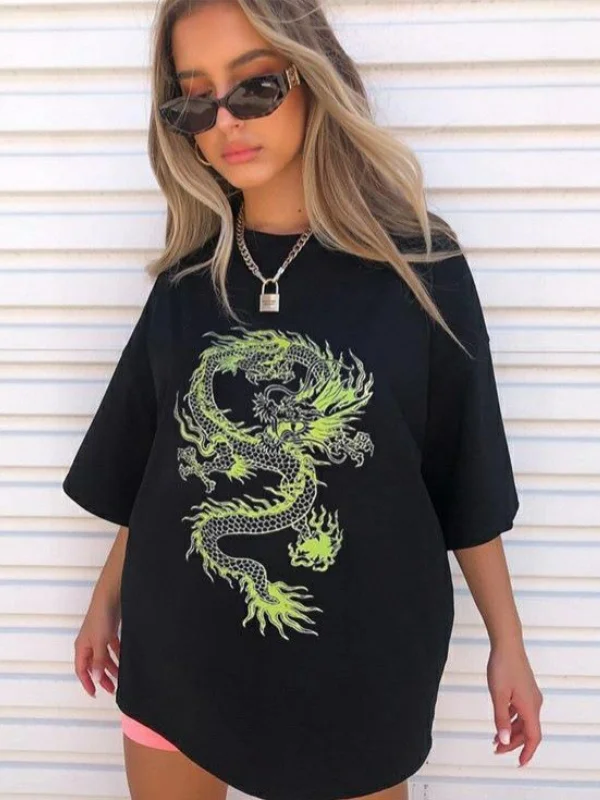 Dark Dragon Printed Color Block Oversize T-shirt