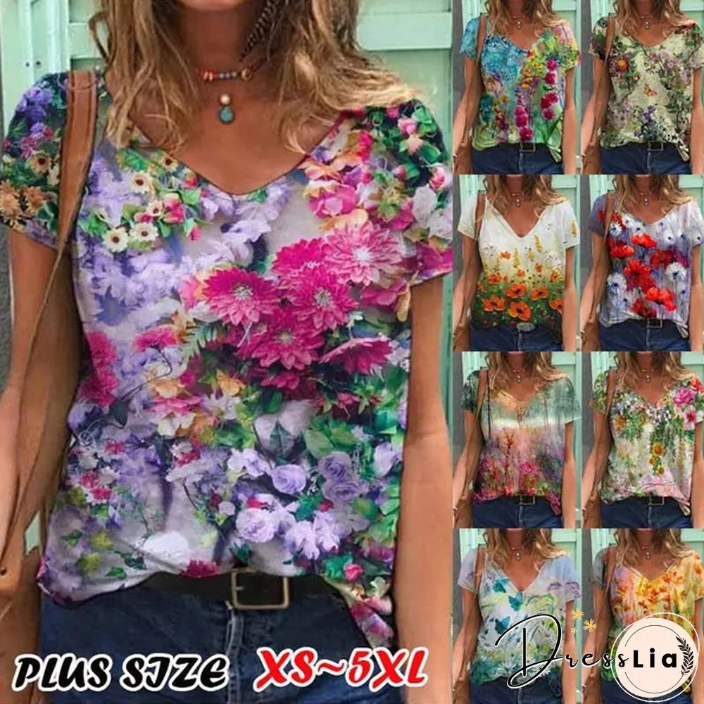 Women's V-neck Casual Color Flower Painting Short Sleeve T-shirt Loose Top Plus Size Summer Blouse XS-5XL