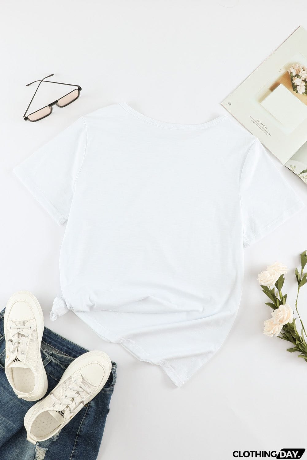 Whitec Holes Crew Neck Cotton Mixed Casual Short Sleeve T-shirt