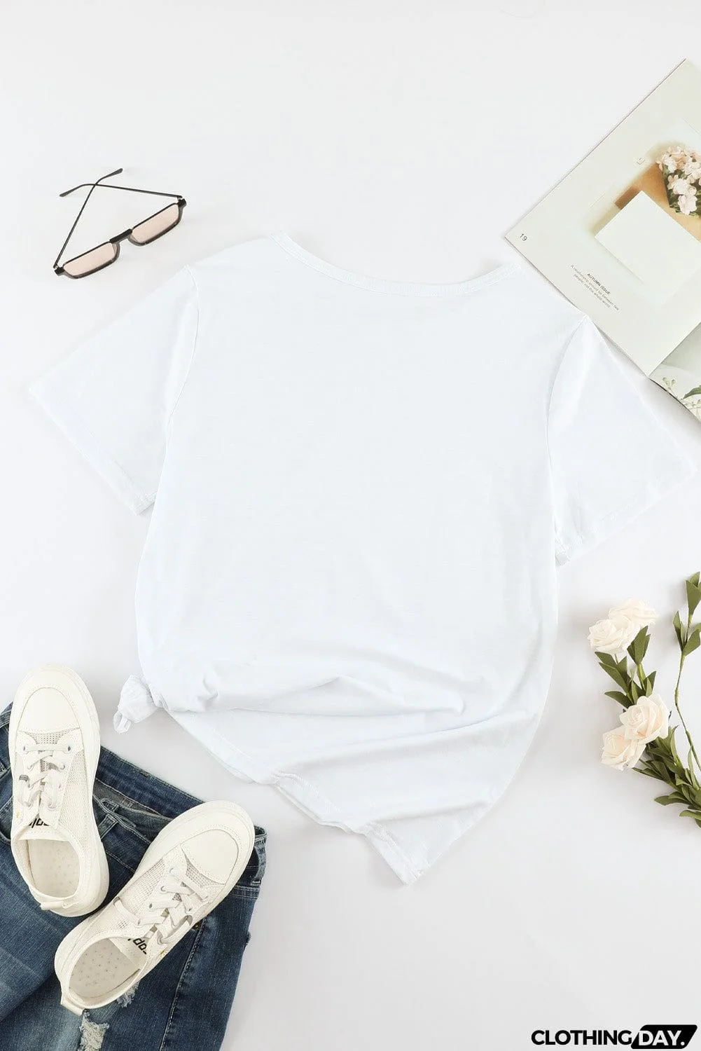 Whitec Holes Crew Neck Cotton Mixed Casual Short Sleeve T-shirt