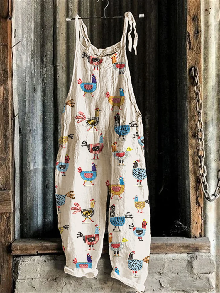 Utbros Funny Farm Chicken Embroidery Pattern Linen Blend Jumpsuit