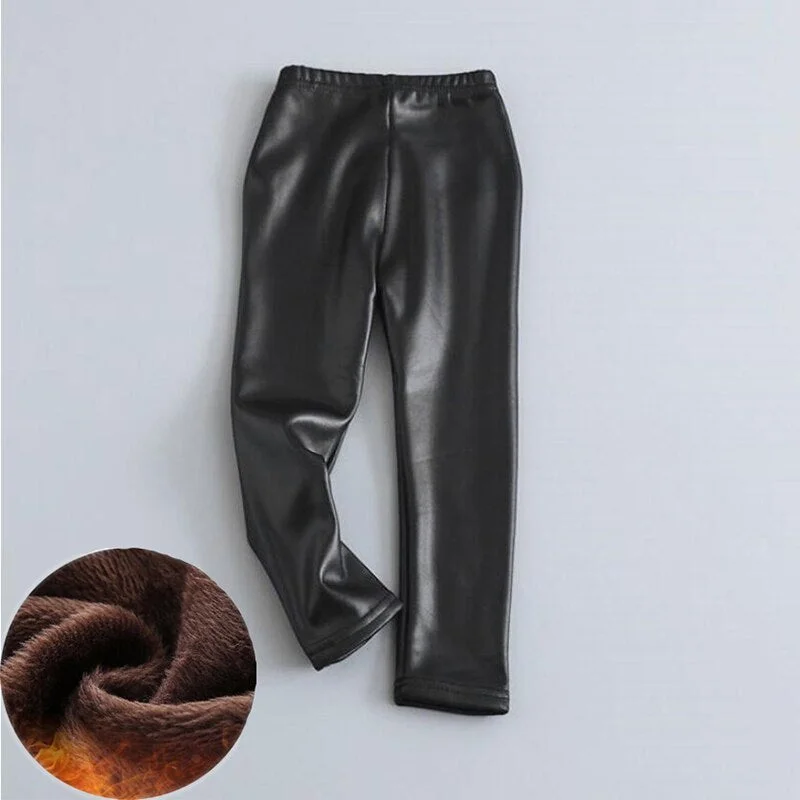 Fashion Baby Girl PU Leather Legging Velvet Toddler Teen Child Pencil Pant Warm Trousers Winter Kid Clothes 2-14Y