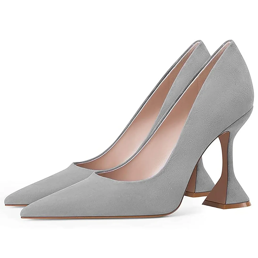 YDN Grey Vegan Suede Pointed Toe Flared Heel Pumps for Women