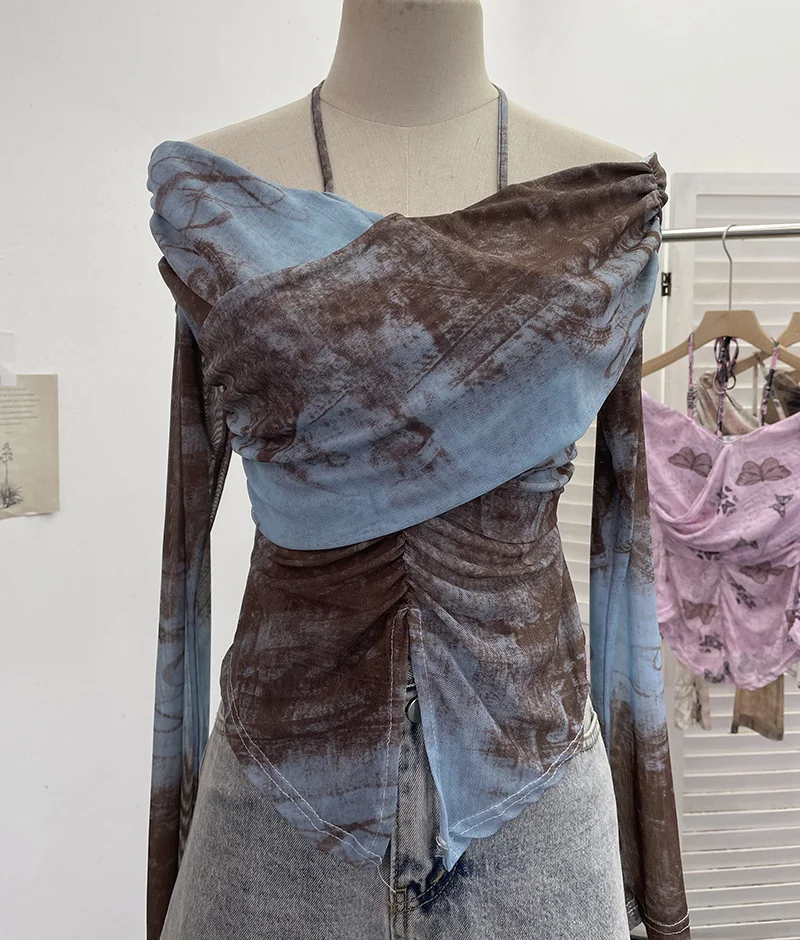 Uveng Real Shot Shoulder Strap Hanging Neck Pure Lust Wind Long-Sleeved T-Shirt Repair Cross-Folded Open Fork Short Top 9932