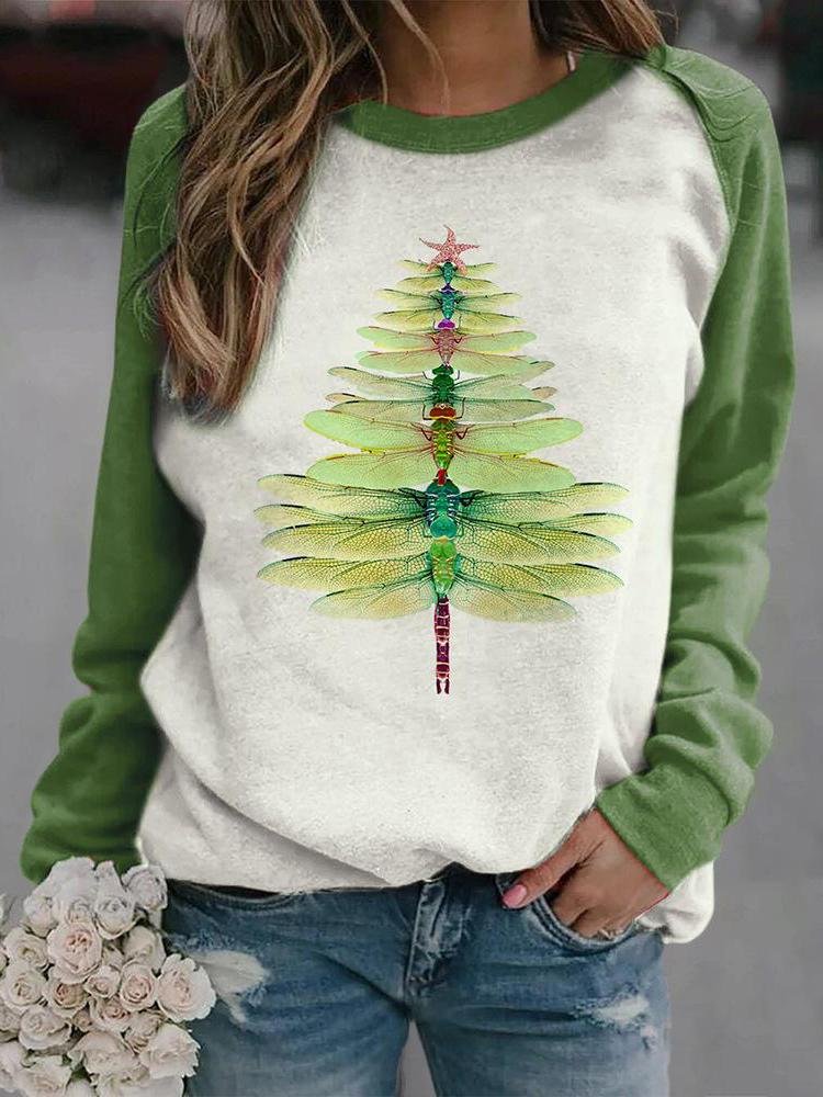 Dragonfly Christmas Tree Round Neck Raglan Long Sleeve Sweatshirt-Mayoulove