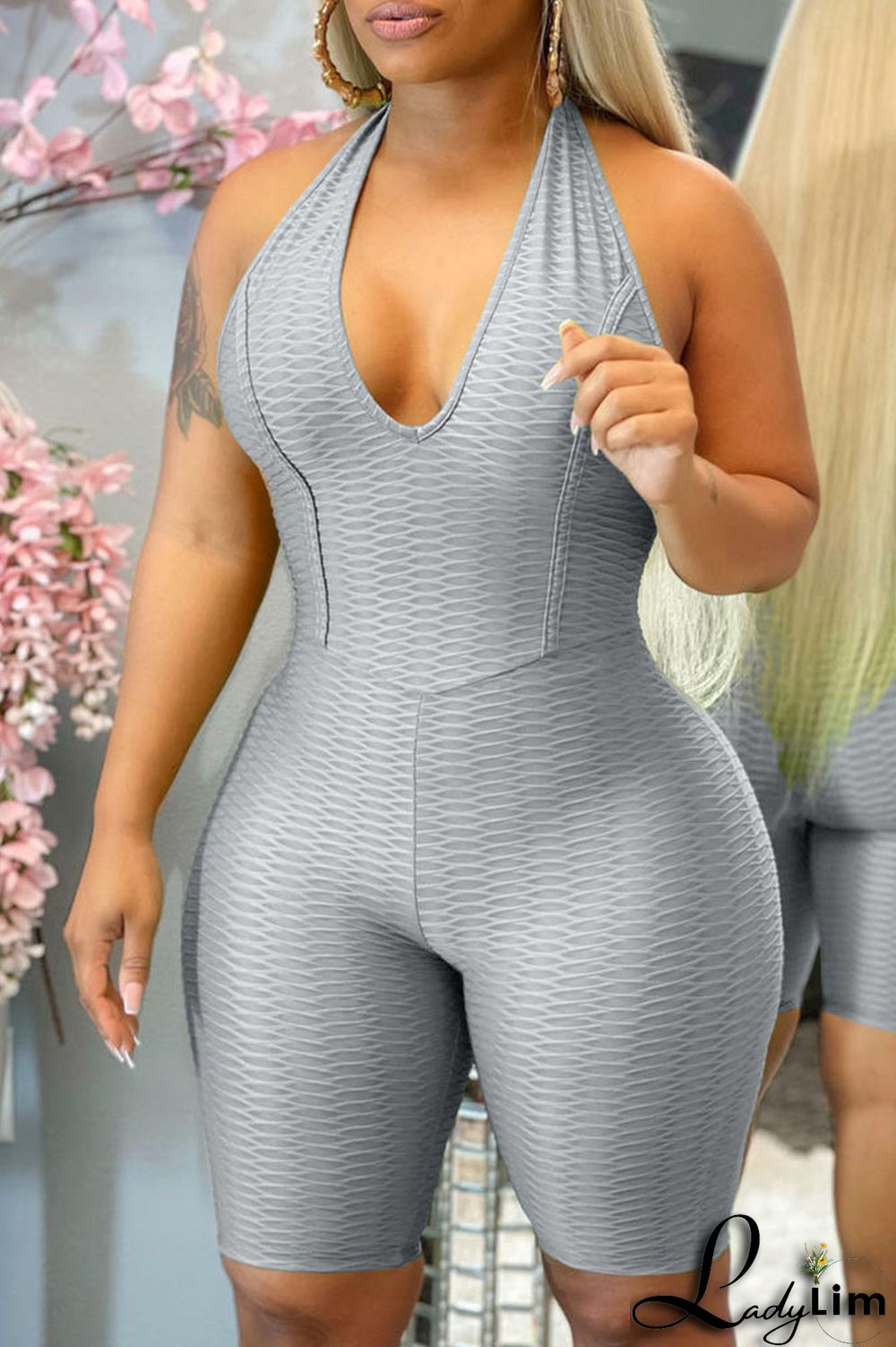 Tibetan Blue Sexy Solid Split Joint Backless Halter Regular Jumpsuits